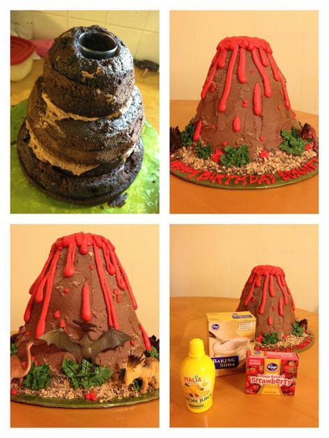 Sorry, don’t have pictured of the eruption, but it did work! We used Jello, Lemon Juice and Baking Soda… the kids loved it! Erupting Volcano Cake, Vulcano Che Erutta, Lemon Juice And Baking Soda, Volcano Cake, Erupting Volcano, Dino Cake, Dinosaur Birthday Cakes, Dino Birthday Party, Science Party