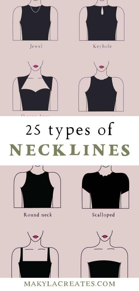 What are the different types of necklines, and what do you need to know about them? Here are 25 popular types of necklines you should know to feel confident in your clothing. Neck Shapes For Dress, Necklines For Tops, Types Of Necklines For Women, Types Of Necklines Blouses, Neck Lines For Blouses, How To Draw Details On Clothes, Types Of Necklines Illustration, Different Necklines Blouses, Different Types Of Collars For Women