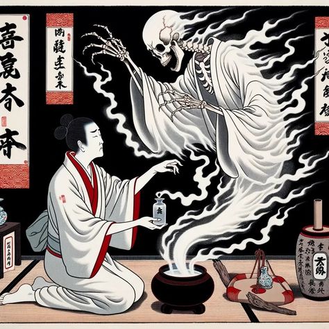 The terms ikiryō, or shōryō, seirei, ikisudama (生霊, living ghost, eidolon), in Japanese folk beliefs and fiction, refer to a spirit that leaves the body of a living person and goes. Japan Ghost Art, Oiwa Japanese Ghost, Japanese Ghost Aesthetic, Japanese Monster Art, Japanese Witchcraft, Japanese Exorcist, Japanese Ghost Art, Dark Japanese Aesthetic, Japanese Ghost