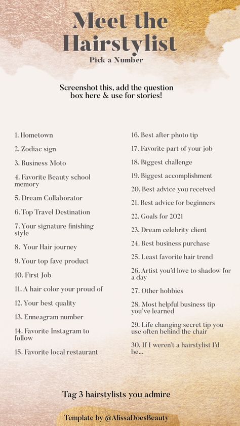 Hair Tip Instagram Post, Hair Stylist Giveaway Ideas, Cosmetology School Instagram, Hairstylist Mission Statement, Hairstylist Post Captions, About Me Template Hairstylist, Get To Know Your Stylist Template, Instagram Caption For Hairstylist, Hair Stylist Social Media Names