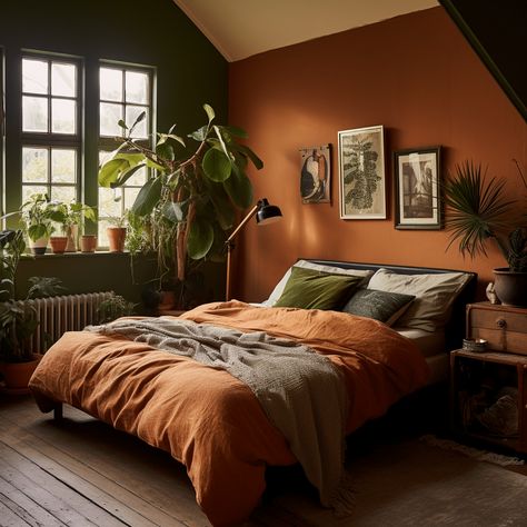 20 Black And Rust Bedroom Ideas - HearthandPetals Rust Bedroom, Terracotta Bedroom, Terracotta Walls, Eclectic Decor Bedroom, Plants Vintage, Bedroom Orange, Bed Design Modern, Brown Bedroom, Bedroom Plants