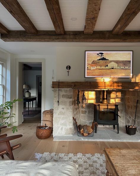 Mamawatters House, Wood Stove In Fireplace, Stove In Fireplace, Amanda Watters, Dream Cottage, Primitive Farmhouse, Start The Day, Vintage Modern, Board Ideas