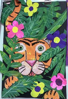 Elements of the Art Room: 3rd Grade Painted Paper Henri Rousseau and Cassie Stephens inspired Tiger Collage Henri Rousseau Tiger, Painted Paper Art Projects, Spring Art Lessons Elementary, Cassie Stephens Art Lessons, Grade 3 Art Projects, Kindergarten Art Projects Easy, Matisse Art Project, Tiger Collage, Art 2nd Grade