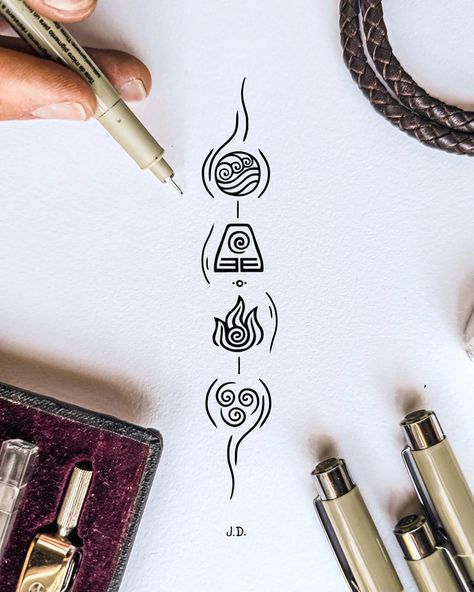 Tattoo Of The Elements, Avatar Elements Symbols Tattoo, The Four Elements Tattoo, Four Elements Tattoo Symbols, Elemental Tattoo Ideas, 4 Elements Tattoo Minimalist, Tattoo Ideas Male Leg, Avatar Elements Tattoo, Leg Tattoo Drawings