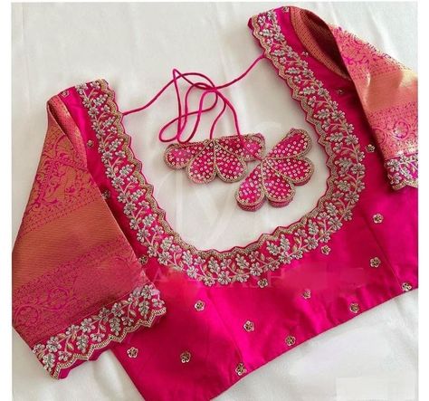 Muhurtham Aari Work Blouse, Work On Tissue Blouse, Simple Blouse Embroidery Designs Latest, Maggamwork Blouses Latest Simple, Neck Design For Aari Blouse, Lehanga Blouse Back Neck Designs, Simple Maggam Work Blouses Pink, Magam Blouse Designs, Self Saree Blouse Designs Latest