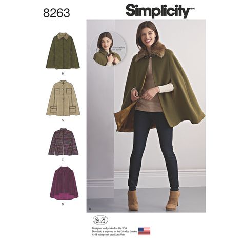 Purchase Simplicity Simplicity Pattern 8263 Misses' Capes and Capelets and read its pattern reviews. Find other Coat/Jacket, sewing patterns. Capelet Pattern, Cape Pattern Sewing, Coat Sewing, Cape Pattern, Cape Style, Cape Jacket, Capes For Women, Womens Sewing Patterns, Simplicity Sewing