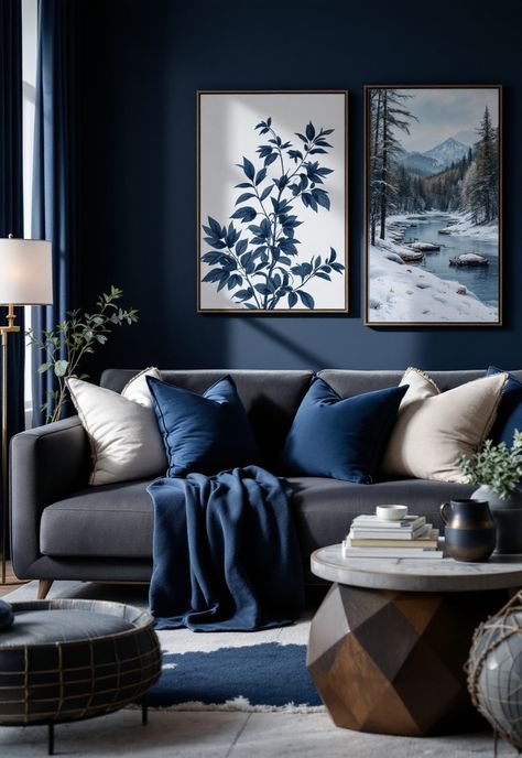 Dark Grey Couch Living Room Grey Living Room With Navy Accents, Grey Couch Blue Accents, Blue And Grey Home Decor, Indigo Sofa Living Rooms, Blue Living Room Grey Sofa, Black White Navy Living Room, Nuetral Pallete Living Room With Blue, Gray And Navy Blue Living Room, Dark Blue Sofa Living Room Decor