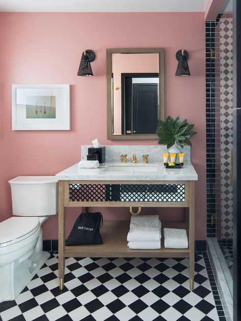 Pink bathroom black and white tile Glamorous Bathroom Decor, Boutique Hotels Design, Rustic Bathroom Shelves, Sands Hotel, Bad Inspiration, Black And White Tiles, Unique Bathroom, Pink Bathroom, Rustic Bathroom