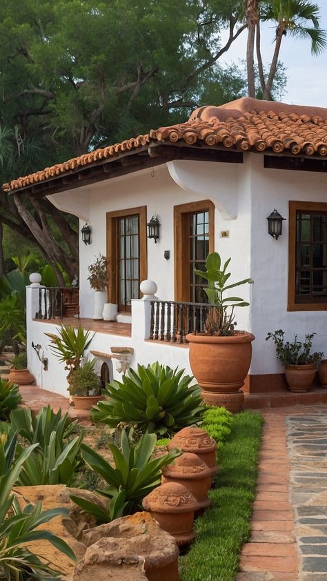 15 Stylish Hacienda House Ideas for a Mexican-Inspired Home Makeover - Inspire Inlet Mexican Ranch House Exterior, Mexican Small Houses, Small Vintage House Exterior, Mexican Garden Hacienda Style, Small Hacienda Style Homes, Small Mexican House, Mexican Garden Ideas, Hacienda Style House, Modern Mexican Living Room