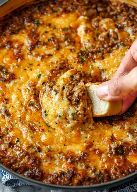 Cheesy Ground Beef Dip - #groundbeef #dip #recipe #eatwell101 - Cheesy ground beef dip is easy to make and super flavorful. Ideal for game day, everyone loves this grand beef dip recipe! - #recipe by #eatwell101® Cheese And Burger Dip, Ugly Dip Ground Beef, Tailgate Food With Ground Beef, Velveeta Ground Beef Dip, Keto Ground Beef Dip Recipes, Potluck Ground Beef Recipes, Buffalo Beef Dip, Sausage Cheese Dip Recipes, Cheesy Beef Dip