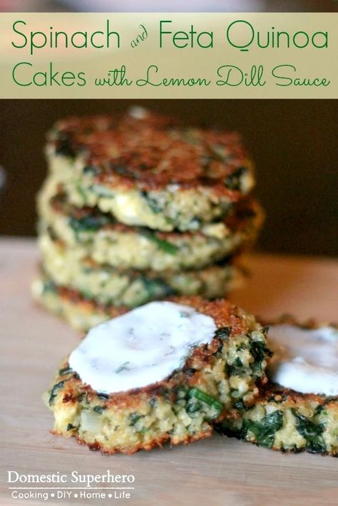 Spinach and Feta Quinoa Cakes with Lemon Dill Sauce are the perfect healthy easy meal! Spinach Cakes, Feta Quinoa, Cakes With Lemon, Quinoa Cakes, Quinoa Cake, Lemon Dill Sauce, Recipes Salmon, Recipes Quinoa, Lemon Dill