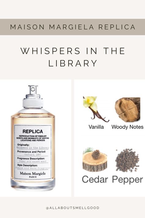 Maison Margiela Replica Whispers in the Library eau de toilette Notes: peppery vanilla, precious woods, cedar, vanilla Replica Perfume Whispers In The Library, Maison Margiela Whispers In The Library, Replica Vanilla Perfume, Replica Perfume Vanilla, Whispers In The Library Perfume, Vanilla Woods Perfume, Library Perfume, Replica Whispers In The Library, Whispers In The Library