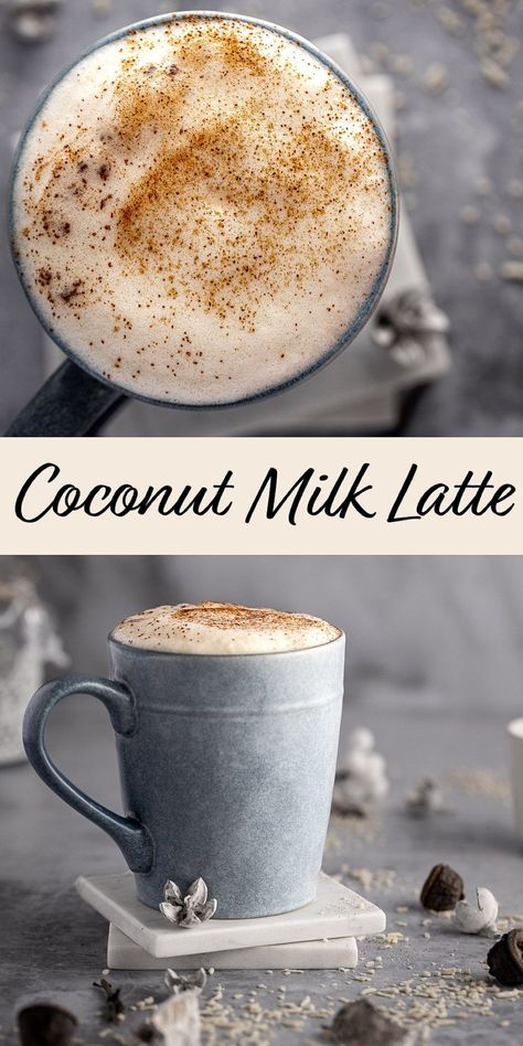 This creamy, rich coconut milk latte is easy to make in under 5 minutes. Espresso mixed with maple syrup, cinnamon and vanilla extract. Topped with frothed coconut milk and an extra sprinkle of cinnamon. Healthy, dairy free and vegan. Sweet Cinnamon Milk Tea, Coffee Coconut Milk Recipes, Coconut Cream Coffee Recipes, How To Froth Coconut Milk, Coconut Milk Recipes Dessert Healthy, Coconut Milk Cold Foam, Silk Coconut Milk Recipes, Flavored Frothed Milk Recipes, Non Dairy Coffee Drinks