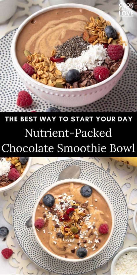 Start your day with this deliciously creamy and wholesome Chocolate Smoothie Bowl! It’s a healthy breakfast idea packed with nutrients, thanks to creamy frozen bananas, cacao, and almond butter. Ready in just 10 minutes, this plant-based smoothie bowl is perfect for a quick, nourishing breakfast that tastes like a chocolatey treat. Top with your favorite fruits, nuts, and seeds for extra texture and flavor. #breakfastbowl #healthybreakfast Peanutbutter Smoothie Bowl, Cookie Butter Smoothie Bowl, Nourish Breakfast Bowl, Plant Based Bowls Healthy, Chocolate Protein Smoothie Bowl, Chocolate Acai Bowl, Healthy Breakfast Smoothie Bowls, Frozen Fruit Smoothie Bowl, Smoothly Bowls