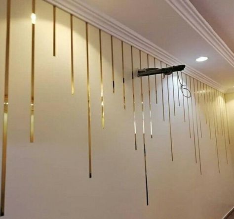 Gold Strip Wall Design, Gold Stripes On Wall, Gold Line Wall Design, Foil Tape Wall Design, Shop Color Ideas, Gold Stripe Wall, Gold Tape Wall Design, Bedroom Wall Molding, Molding Living Room