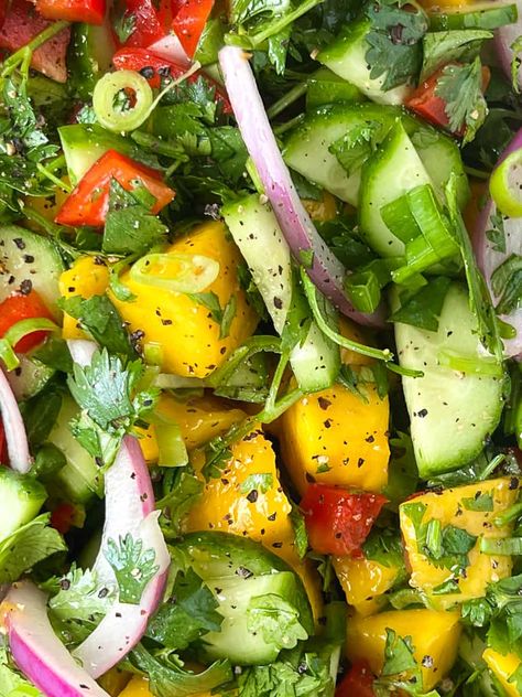 Close up of mango cucumber salad. Cucumber Mango Salad Recipes, Salad With Cucumber, Mango Salad Recipes, Salad With Mango, Raw Salads, Mango Cucumber Salad, Mango Salad Recipe, Healthy Side Recipes, Healthy Slice