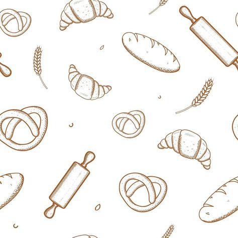 Hand drawn seamless pattern of bread and bakery products Bakery Vector Illustrations, Baking Illustration Art, Bakery Elements, Bakery Drawing, Baker Costume, Bakery Pattern, Bakery Illustration, Bakery Background, Bread Pattern