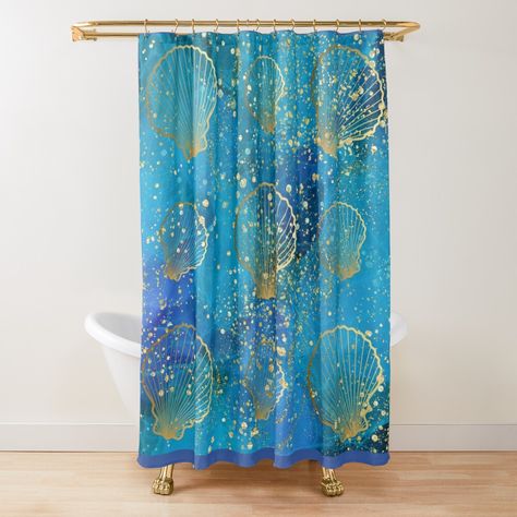 Get my art printed on awesome products. Support me at Redbubble #RBandME: https://www.redbubble.com/i/shower-curtain/Blue-And-Gold-Glitter-Seashell-Pattern-by-SeaStarAlex/163001569.YH6LW?asc=u Seashell Pattern, Seashells Patterns, Pattern Shower Curtain, Patterned Shower Curtain, Teal And Gold, Dog Mat, Curtains For Sale, Bathroom Shower Curtains, Designer Shower Curtains