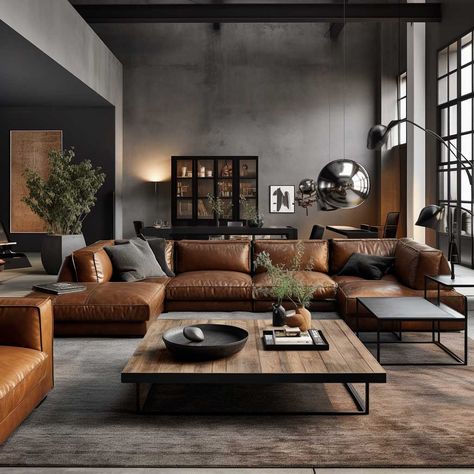 Modern Industrial Living Room Blending Raw and Refined Elements • 333+ Images • [ArtFacade] Modern Organic Farmhouse Living Room, Industrial Modern Apartment, Rustic Modern Apartment, Industrial Farmhouse Interior, Cozy Industrial Decor, Modern Townhouse Interior, Modern Industrial Living Room, Industrial Decor Living Room, Industrial Living Room Design