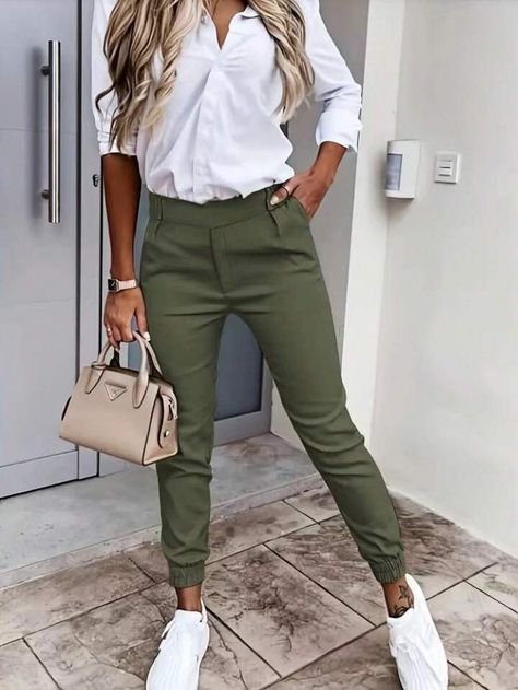 Ladies' Plain Simple Daily Wear Long Pants | SHEIN USA Style Vert, Womens Chinos, Cozy Coats, Solid Color Pants, Slim Trousers, Weave Style, Green Pants, Slim Fit Pants, Outfit Casual