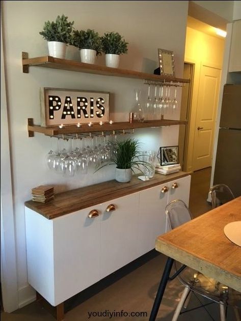 Built in Bar Option with a Besta - all the amazing options you can utilize for your home bar! Dapur Ikea, Desain Pantry Dapur, Small Dining Room Decor, Organiser Cucina, Gold Dining Room, Decoration Buffet, Ikea Desk Hack, Kitchen Ikea, Desain Pantry