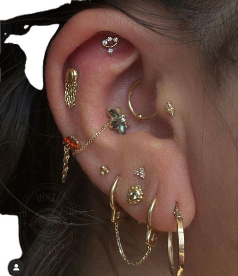 Staggered Ear Piercings, Mixed Metals Piercings, Ear Piercing Ideas Mixed Metals, Pretty Pierced Ears, Curated Ear Piercing Mixed Metals, Ear Piercing Ideas Gauges, Ear Piercing Layout Ideas Both Ears, Different Ear Piercings Chart Names, Earring Stack Ideas Mixed Metals