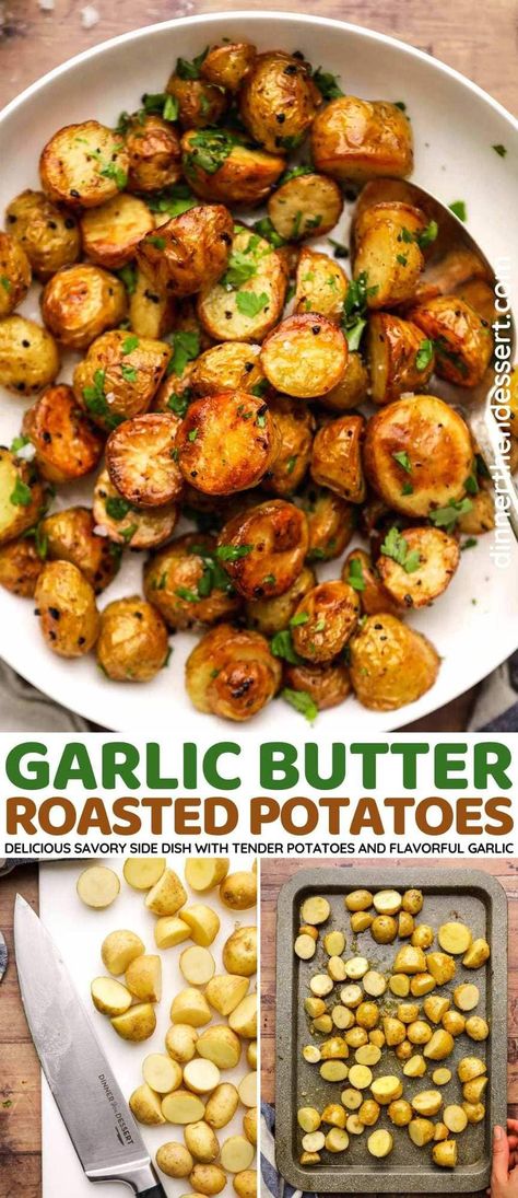 Garlic Patotoes, One Pan Potatoes, Potato Sheet Pan Recipes, Potato Dinner Sides, Dinner With Roasted Potatoes, Best Gold Potato Recipe, Gold Potato Recipes Easy, Potato Ideas Easy, Garlic Russet Potatoes