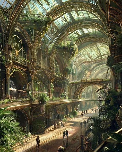 Change it up! What would this look like with cool light or everyone walking around in suits?⁠ ⁠ ⁠ concept art of the interior space in an alien world, ornate architecture with plants and flowers growing on it, people walking around wearing robes, high ceiling, large arched doorways, warm lighting, cinematic --ar 4:5 --v 6.0⁠ ⁠ ⁠ ⁠ #art #landscape #conceptart #futuristic #scifi #fantasy #midjourneyart #aiart #aiartork #digitalart #gameart #scifiartwork #sciencefictionart #utopia #rpg #ttrpg #s... World Building Fantasy Concept Art, High Fantasy City Concept Art, Concept World Art, Lighting Concept Art, Scifi World Building, High Fantasy Concept Art, Submerged Architecture, Aetherpunk City, Fantasy Interior Art