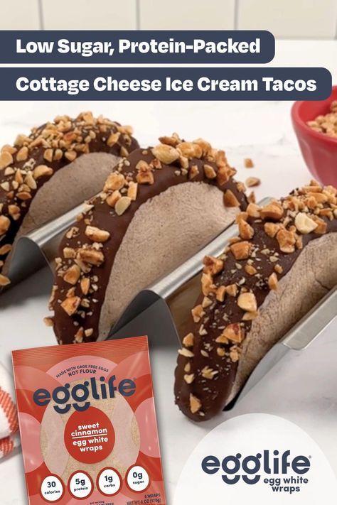 A low-sugar, protein-packed twist on this nostalgic treat thanks to egglife wraps? That’s what we’re (ice cream) taco-ing about! Wrap Dessert, Ice Cream Tacos, Cream Tacos, Dessert Tacos, Cottage Cheese Ice Cream, Ice Cream Taco, Cheese Ice Cream, Egg Wrap, Healthy Sweets Recipes