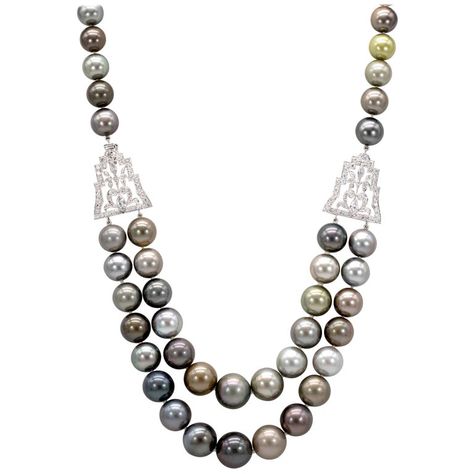 3.38 Carats Diamond and Platinum Clasps on Double Tahitian Pearl Strand 9 - 14 mm Tahitian Pearl Bracelet, Glamorous Jewelry, Tiaras Jewellery, Dress Clips, Tahitian Pearl Necklace, Pearl Strands Necklace, Pearl Strand, Focal Points, Expensive Jewelry