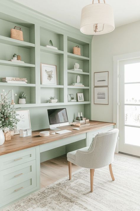 sea mist green built ins inside home office with chair Built In Desk Under Window Home Office, Green Built In Desk, Sage Green Study Room, Sunroom Office Decorating Ideas, Calming Colors For Office, Home Office With 2 Desks, Home Workstation Ideas, Desk In Front Of Window Office, Playroom Office Combo