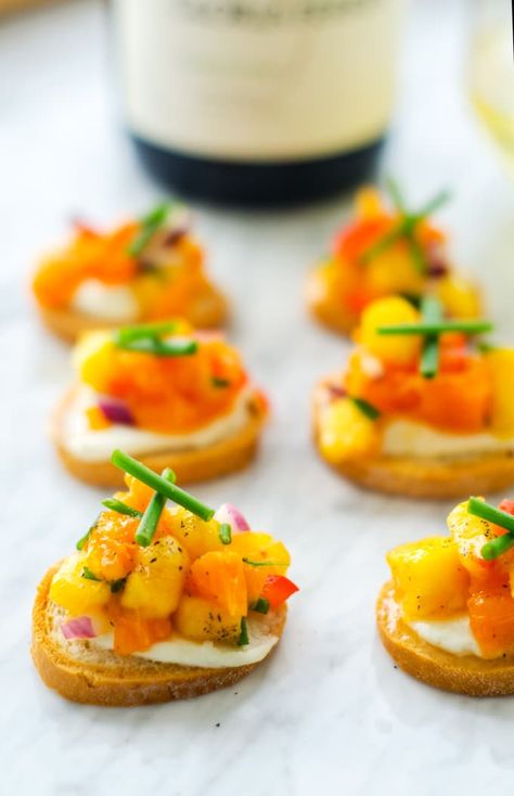 Goat Cheese Crostini with Orange Peach Salsa Orange Themed Food Ideas, Orange Colored Snacks For Party, Orange Food Ideas Party, Orange Themed Dinner Party, Orange Theme Food Board, Color Party Orange Food, Orange Theme Party Food, Orange Color Appetizers, Orange Party Food Snacks Ideas