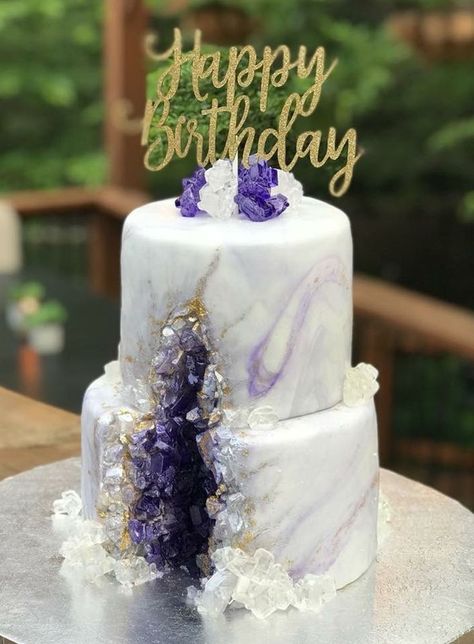 Purple Amethyst Geode Cake 2 Tier marbled fondant with hand painted rock candy crystals and gold veining. Cake With Crystals Rock Candy, Purple Geode Cake Birthday, Amethyst Wedding Cake, Crystal Geode Cake, Wedding Cake With Crystals, Amethyst Birthday Cake, Amethyst Geode Cake, Amethyst Birthday Party, Gem Birthday Cake