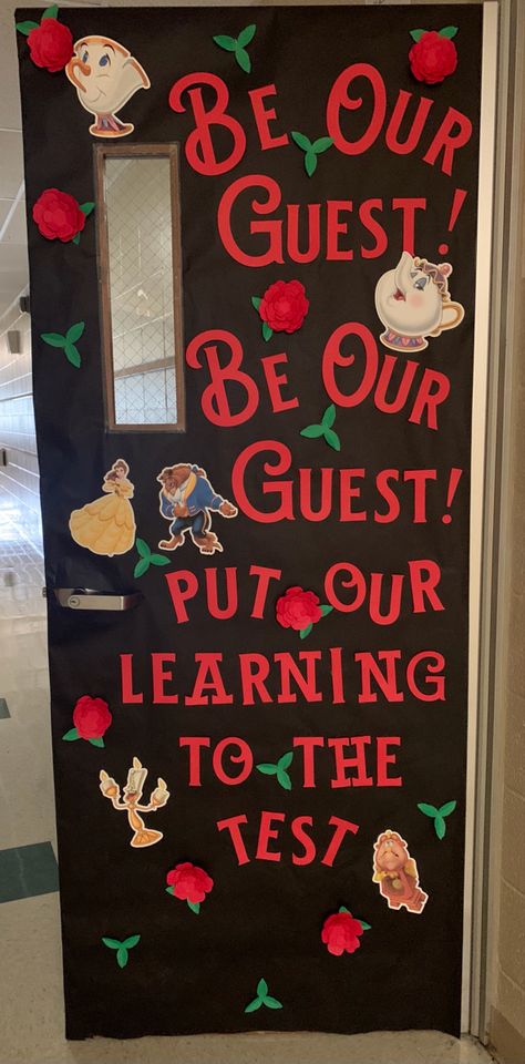 Once Upon A Time Classroom Door, Fairytale Theme Classroom Door, Disney Doors Classroom, Preschool Classroom Themes Disney, Disney Themed Elementary Classroom, Disney Themed Library, Beauty And The Beast Bulletin Board Ideas, Disney Classroom Ideas Bulletin Boards, Disney Themed Daycare Room