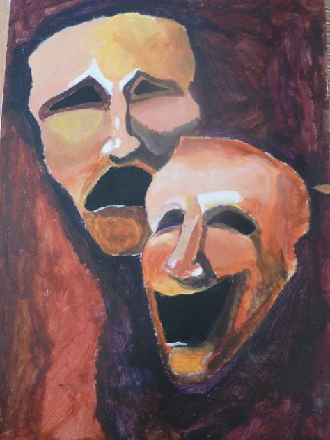 Tradegy And Comedy Shakespearean Art, Theater Painting, Theatre Painting, Comedy Mask, Theatre Masks, Oc Stuff, Comedy And Tragedy, Twelfth Night, Stage Makeup