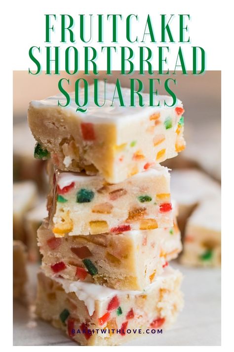 Rich and buttery Fruitcake Shortbread Squares are a festive combination of holiday fruitcake mixed peel and super soft shortbread! These addictively delicious dessert squares are incredibly easy to make and topped off with a tasty icing that everyone will love! bakeitwithlove.com Shortbread Squares, Candied Fruit Recipes, Dessert Squares, Shortbread Cookies Easy, Holiday Fruit, Square Recipes, Healthy Baking Recipes, Shortbread Recipes, Buttery Cookies