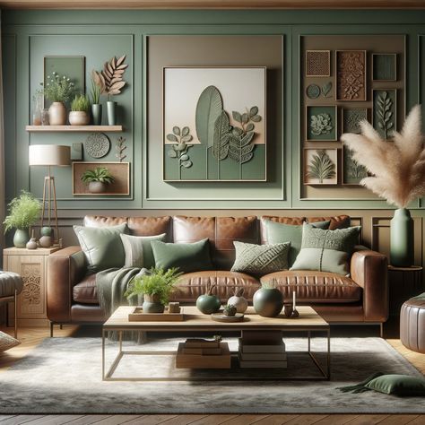 sage green with brown leather couch Green And Brown Living Room, Brown And Green Living Room, Green Couches, Leather Sofa Decor, Brown Leather Sofa Living Room, Sage Living Room, Leather Couch Living Room Decor, Brown Leather Couch Living Room, Sage Green Living Room