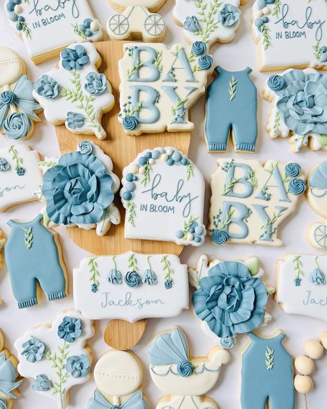 Baby Boy In Bloom Cookies, Baby In Bloom Boy Shower Decor, May Baby Shower Ideas Boy, Baby Boy Shower Ideas Summer, Baby Boy Spring Shower Ideas, Baby Boy Boho Shower Ideas, Baby In Bloom Cake Boy, Baby In Bloom Boy Baby Shower Theme, Babyshower Boy Theme Decoration