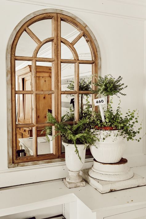 Rustic Farmhouse Arched Window mirror - Liz Marie Blog Arched Window Mirror, Spring Living Room Decor, Spring Living Room, Liz Marie, Liz Marie Blog, Farmhouse Windows, Farmhouse Remodel, Trendy Living Rooms, Window Mirror