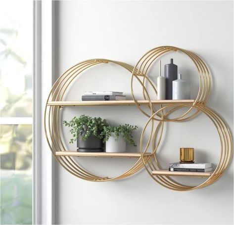 Get the Look: Fun Floating Shelves | Centsational Style Show Pieces For Living Room, Circle Shelf Decor, House Schemes, Circle Wall Shelf, Wire Wall Shelf, Contemporary Wall Shelf, Circle Shelf, Shelf With Hooks, Tiered Shelf