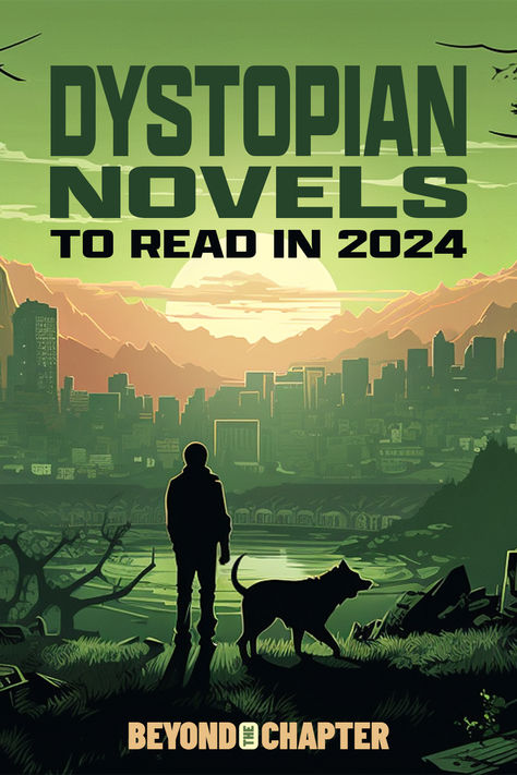 Sunset backdrop, silhouette of a man beside a dog in the foreground, in green hues, and a city in the distance. Dystopian Book Cover Design, Good Dystopian Books, Intp Books, Futuristic City Dystopia, Books To Read 2024, Cyberpunk Books, Dystopian Book Covers, Books Dystopian, Scifi Novels