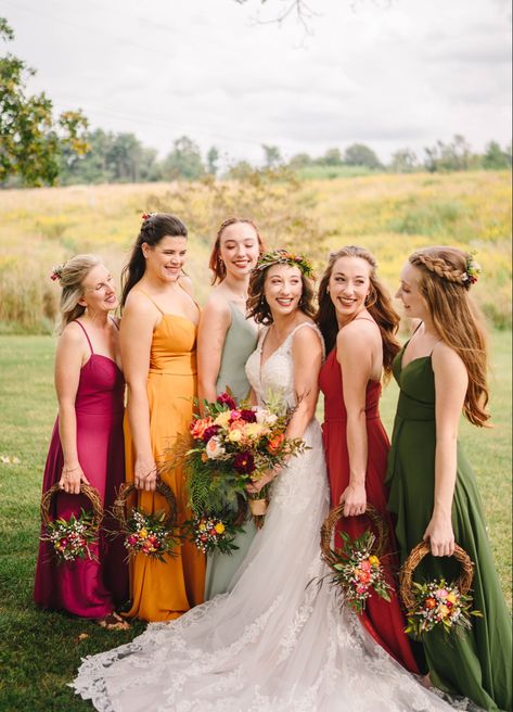 Green Blue Orange Bridesmaids, Mix Match Bridesmaids Dresses Fall, Fall Sunflower Wedding Theme Bridesmaid Dresses, Pink Orange Green Wedding Bridesmaid Dresses, Colorful Fall Bridesmaid Dresses, Bright Fall Bridesmaid Dresses, Fall Wildflower Bridesmaid Dresses, Sunset Wedding Colors Bridesmaids, Rainbow Bridal Party