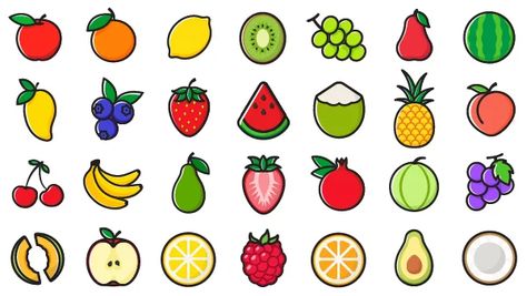 Download the Fruit icon set 688201 royalty-free Vector from Vecteezy for your project and explore over a million other vectors, icons and clipart graphics! Fruit Doodle Art, Cute Fruit Doodles, Fruits Doodle, Fruit Doodle, Fruit Clipart, Fruit Icons, Fruits Drawing, Fruit Vector, Cute Alphabet