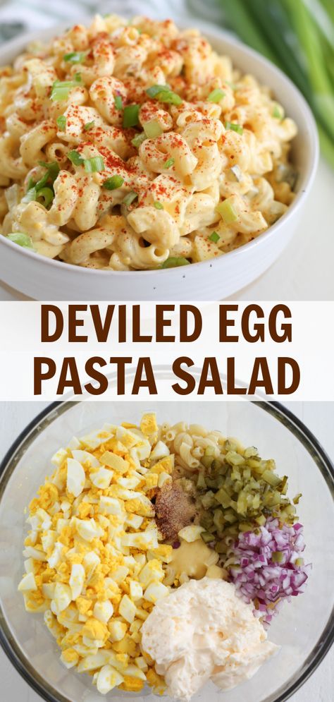 Deviled Egg Pasta Salad is going to be your go-to spring and summer side dish! Pasta, hard boiled eggs, red onion, and pickles in a creamy dressing. It tastes just like deviled eggs! Deviled Egg Pasta Salad, Egg Pasta Salad, Salad Macaroni, Egg Pasta, Creamy Dressing, Salad Pasta, Salad Dishes, Summer Side Dishes, Deviled Egg