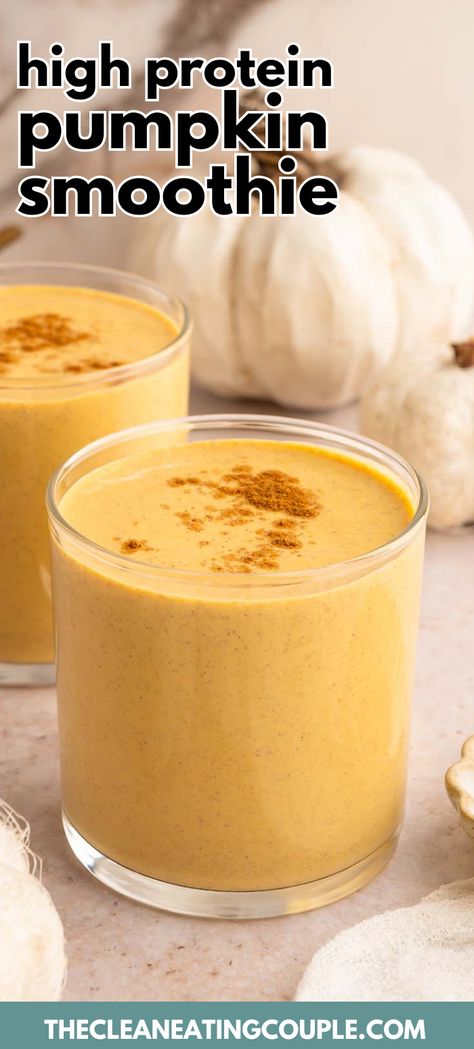 A High Protein Pumpkin Smoothie that is packed with 30g+ of protein! Easily made vegan, this pumpkin protein shake is delicious and can be made in 5 minutes! It's made with no bananas and is great for a post workout snack to support weight loss. Arbonne Pumpkin Protein Shake, Protein Veggie Smoothie Recipes, Canned Pumpkin Smoothie, Pumpkin Protein Smoothie Healthy, Protein Oat Smoothie, Pumpkin Smoothie No Banana, Chocolate Pumpkin Protein Shake, Veggie Protein Smoothie, Premier Protein Hot Coffee Recipes