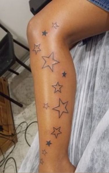 Star Leg Tattoos Women, Stars On Leg Tattoo, Star Tattoos Leg, Leg Star Tattoos, Star Tattoo Leg, Star Tattoo On Thigh, Star Tattoos Black Women, Star Leg Tattoos, Star Tattoos On Arm