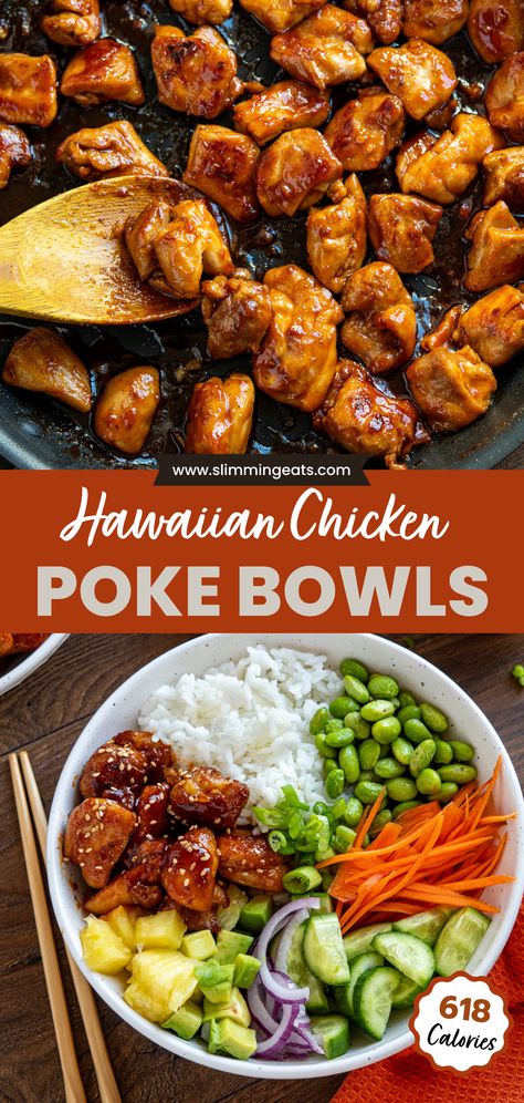 Indulge in the ultimate tropical feast with our Hawaiian Chicken Poke Bowl recipe! Enjoy tender sticky glazed chicken, fluffy rice, and a vibrant array of fresh vegetables with a drizzle of spicy mayo Meals For After Workout, Hawaiian Chicken Bowl Recipe, Chicken Clean Eating Recipes, Meal Prep Protein Lunch, Healthy Supper Ideas Clean Eating, Easy Weekend Dinner Ideas, Asian Bowl Recipes, Recipes With Lots Of Veggies, Hawaiian Chicken Bowl