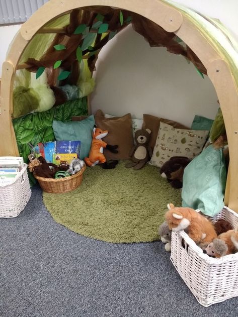 Forest den as a cozy reading nook in a playroom Child Furniture, Magical Spaces, Forest Classroom, Bedroom Canvas Art, Childcare Rooms, Curiosity Approach, Daycare Decor, Preschool Rooms, Den Ideas