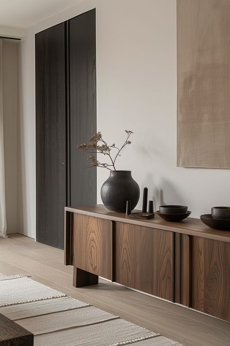 A guide to creating serene interiors with Japandi Furniture. Insights into how to blend Scandinavian functionality with Japanese minimalism to design spaces that invite relaxation and contemplation. 🌸🛋️ Japandi Interiors Black, Japandi Credenza, Japandi Furniture Design, Interior Minimalist Design, Japandi Interiors Living Room, Japandi Style Interior Design, Minimal Furniture Design, Minimalism Interior Design, Japanese Furniture Design