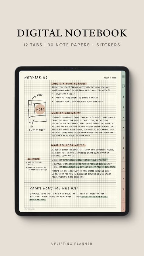 Cornell lecture note 12 Tab Digital Notebook by Uplifting Planner with 30 Note paper templates Goodnotes Revision Notes, Digital Cornell Notes, Cornell Notes Template Goodnotes, Research Notes Template, Pdf Note Template, Digital Note Ideas, Goodnotes Note Taking, Good Notes Templates Free Note Taking, Noteshelf Templates Free